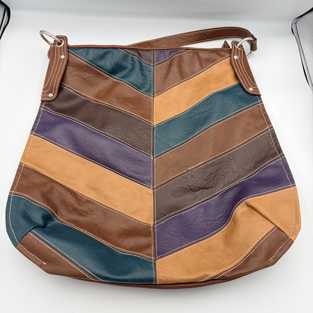 Icora Chevron Patchwork Hobo Bag Multicolor Brown Blue Purple Faux Leather Boho